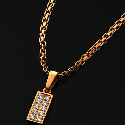 Gold bar pendant set with two rows of diamonds on a gold chain, on black