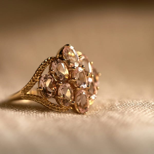 Rose gold cocktail ring with a flower-shaped cluster of stones, on cream cloth